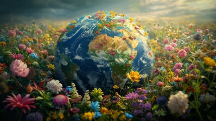 Obraz na płótnie Canvas Realistic portrayal of Earth showcasing continents adorned with vivid flowers, creating a beautiful and vibrant image symbolizing the interconnectedness and natural beauty of the planet's floral diver