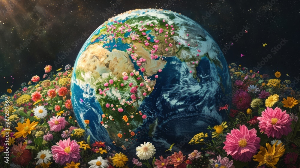 Poster realistic representation of planet earth featuring continents adorned with blossoming flowers of var
