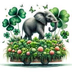 A majestic elephant stands atop a lush floral float adorned with clovers and fluttering butterflies, embodying the spirit of spring.
