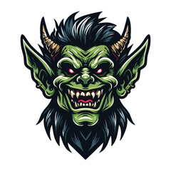 Goblin orc head face vector character illustration, mythical fantasy horror monster design template isolated on white background