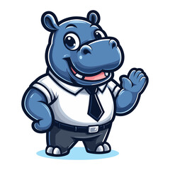 Fototapeta premium Cute adorable hippopotamus with suit dress cartoon mascot character vector illustration, hippo flat design template isolated on white background