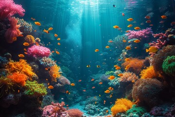 Fototapeta na wymiar A vibrant community of diverse fish navigate through a thriving coral reef, surrounded by clear blue water and swaying seaweed, creating a stunning underwater display of nature's beauty