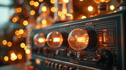 Retro-style tape deck adorned with sparkling light bulbs, emitting a warm and inviting glow,...