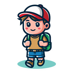 Cute little children stand with backpack, smiling kid heading to school cartoon character, vector illustration isolated on white background