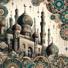 The essence of middle eastern architecture in a collage that combines intricate mosque designs with fantastical elements, creating a unique fusion of tradition and imagination