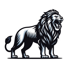 Obraz premium Wild roaring lion full body vector illustration, zoology illustration, majestic predator safari animal big cat design template isolated on white background