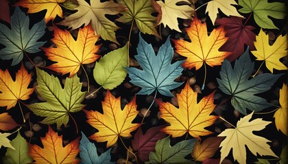 Illustration of different colored plant leaves lined up next to each other in different shapes and sizes - ai generated