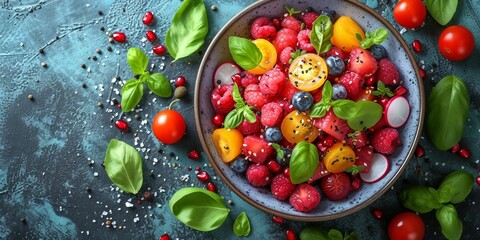 A sweet and healthy dessert made from a mixture of fresh berries and vegetables, including raspberries, strawberries, blueberries and blackberries.