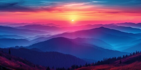 Sunset over the majestic mountain landscape, the beauty of nature is revealed in the colorful sky and enchanting setting.