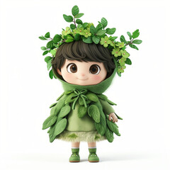 Forest spirit on a white background. Adorable 3D cartoon fantasy character portrait.