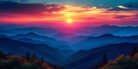 Symphony of nature at sunset: majestic mountain landscape, serene forest, enchanting sunrise, travel to a picturesque wonderland.