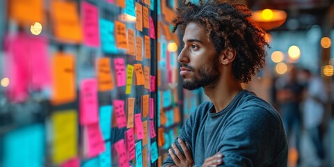 Obraz premium Young businessman strategizing, brainstorming for a corporate project, surrounded by notes in the office.