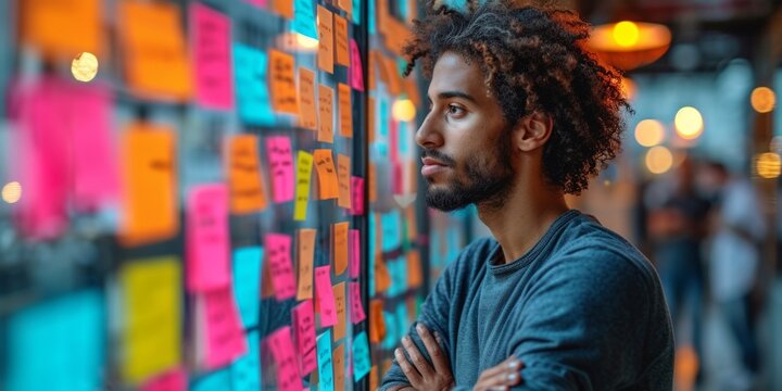 Young businessman strategizing, brainstorming for a corporate project, surrounded by notes in the office.