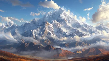Foto auf Acrylglas Annapurna Serene mountain landscape with pristine snow-capped summits, scattered clouds hovering over the peaks, sunlight creating a picturesque scene Generative AI