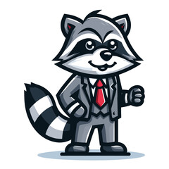 Cute adorable raccoon with businessman suit dress cartoon character vector illustration, funny racoon flat design template isolated on white background