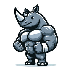 Strong athletic muscle body rhinoceros wild animal mascot design vector illustration, logo template isolated on white background