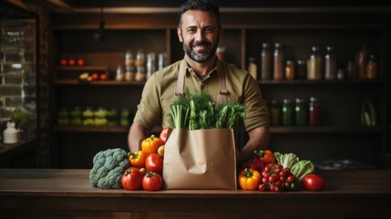 Man holding paper bag in front of store full of fresh food