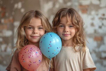 Fototapeta na wymiar Two young girls beaming with joy as they hold onto colorful balloons at a party, their faces lit up with pure happiness and their clothing reflecting the innocence of childhood