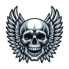 Obraz premium Skull wings vector illustration, winged skull badge emblem template suitable for apparel t-shirt, poster, motorbike club logo, tattoo. Design isolated on white background
