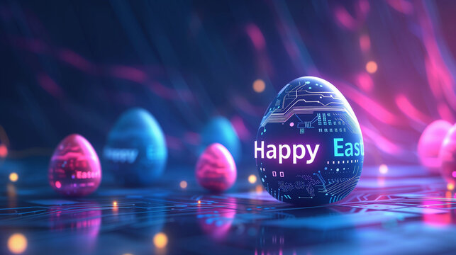 Vibrant Neon Easter Eggs on Digital Circuit Board, Text "Happy Easter!"