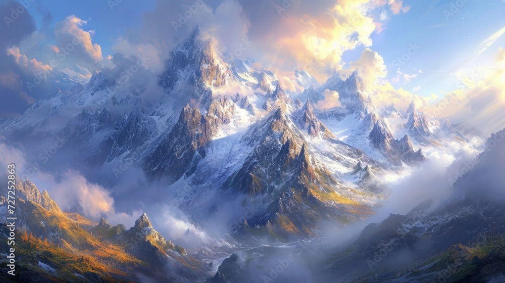 Aufkleber Snowy alpine range with dynamic cloud formations, the sun illuminating the rugged peaks, creating a stunning and dynamic mountainous setting Generative AI