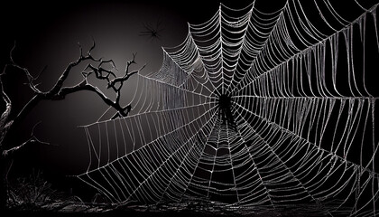 Real creepy spider webs silhouette isolated on black banner panorama, Ai generated image