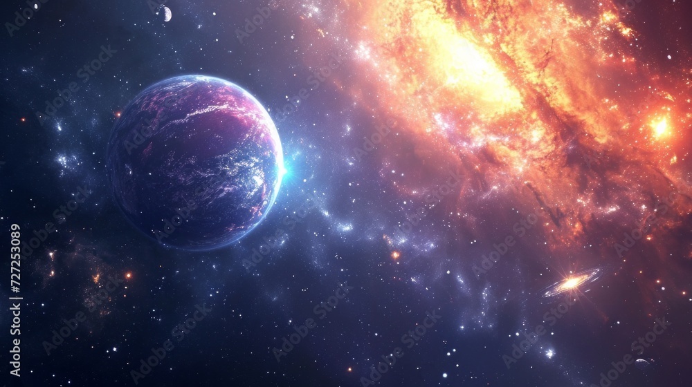 Poster space-themed event background, cosmic visuals, stars, and galactic elements, ideal for science or as