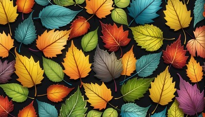 Illustration of different colored plant leaves lined up next to each other in different shapes and sizes - ai generated - obrazy, fototapety, plakaty
