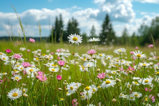 Meadow with lots of white and pink spring daisy flower