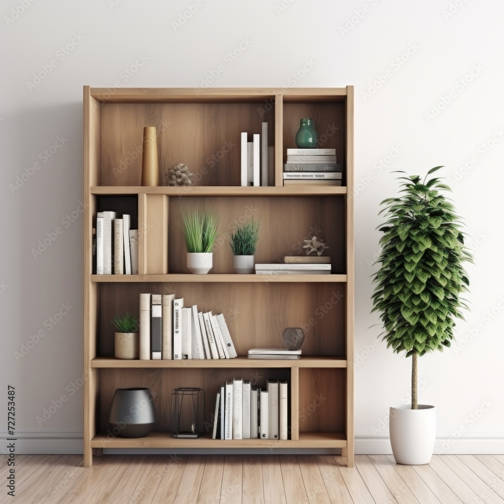 Poster stock image of a bookshelf on a white background, versatile, storage for books and decor generative 