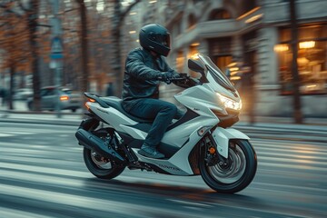 A lone rider zips through the city streets, their motorcycle's fairing slicing through the wind as they navigate the urban landscape on their motorbike, the vibrant buildings blurring by in a rush of