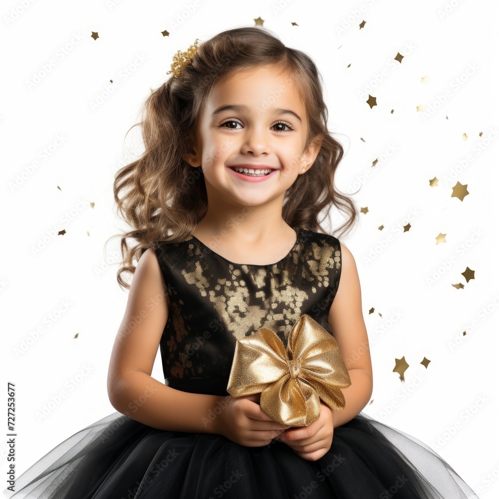 Poster stock image of a child in a party dress on a white background generative ai