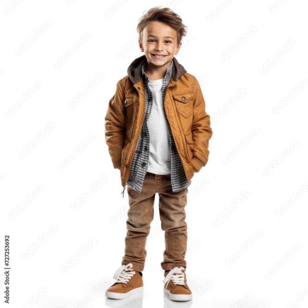 Poster stock image of a child in casual clothing on a plain white background generative ai