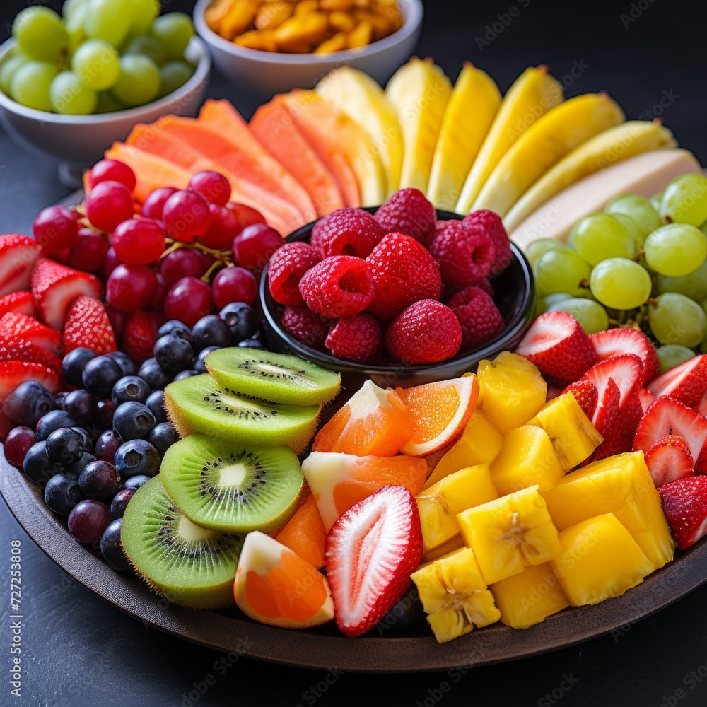 Poster Stock image of a colorful fruit platter with assorted sliced fruits, a healthy and refreshing snack option Generative AI