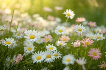 Meadow with lots of white and pink spring daisy flower