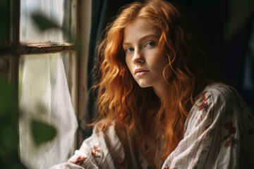 Fototapeta premium Contemplative young woman gazing out of window on rainy day. Introspection and solitude.