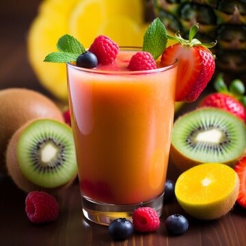 Stock image of a colorful fruit smoothie in a glass with fresh fruit garnish, a healthy and refreshing drink Generative AI