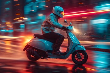 A person glides through the night on their sleek scooter, the light from the street lamps reflecting off their motorcycle-inspired clothing as they navigate the winding road on their trusty two-wheel