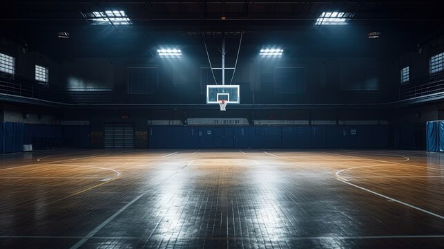 An empty basketball court with bright street lighting
