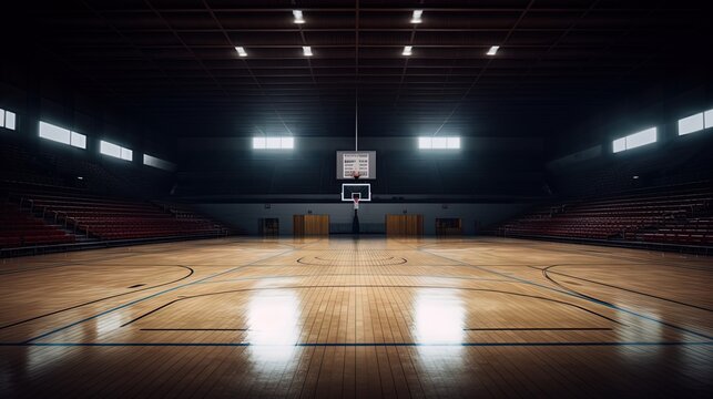 An empty basketball court in anticipation of the game