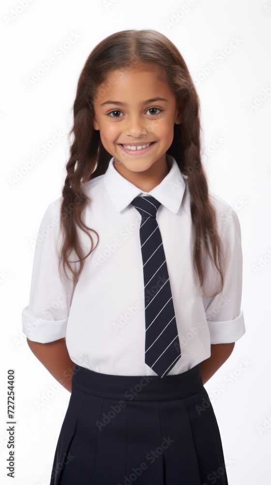 Poster stock image of a girl in a school uniform against a white background generative ai