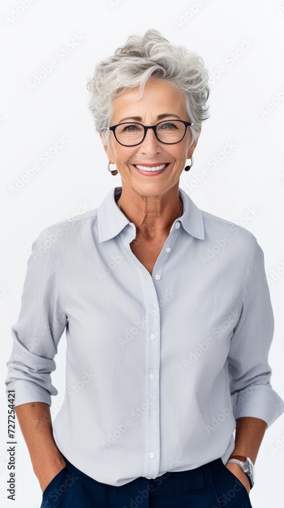 Poster Stock image of a grandma in everyday attire on a plain white background Generative AI
