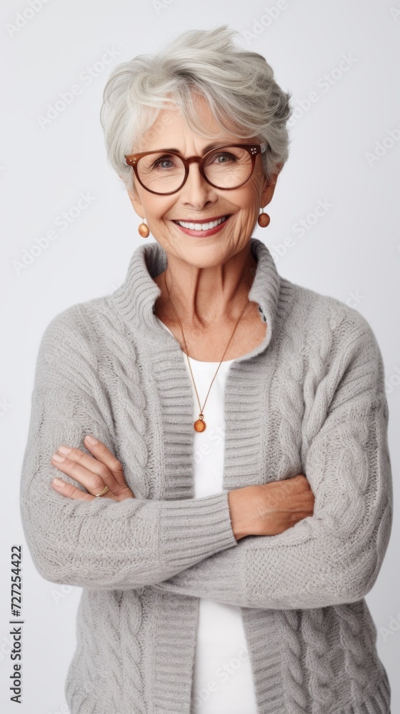 Poster Stock image of a grandma dressed in a cardigan on a white backdrop Generative AI