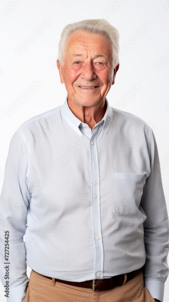 Aufkleber stock image of a grandpa in a shirt and trousers on a plain white background generative ai