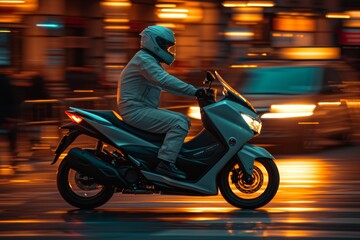 Amidst the bustling city streets, a daring rider donning leather attire cruises on their sleek motorbike, the roar of the engine echoing through the night