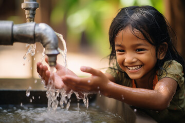 Girl Playing in Water Third World Country Child Happy to Have Clean Water Pouring from Faucet - obrazy, fototapety, plakaty