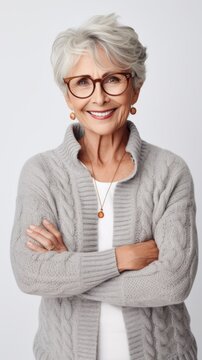 Stock image of a grandma dressed in a cardigan on a white backdrop Generative AI