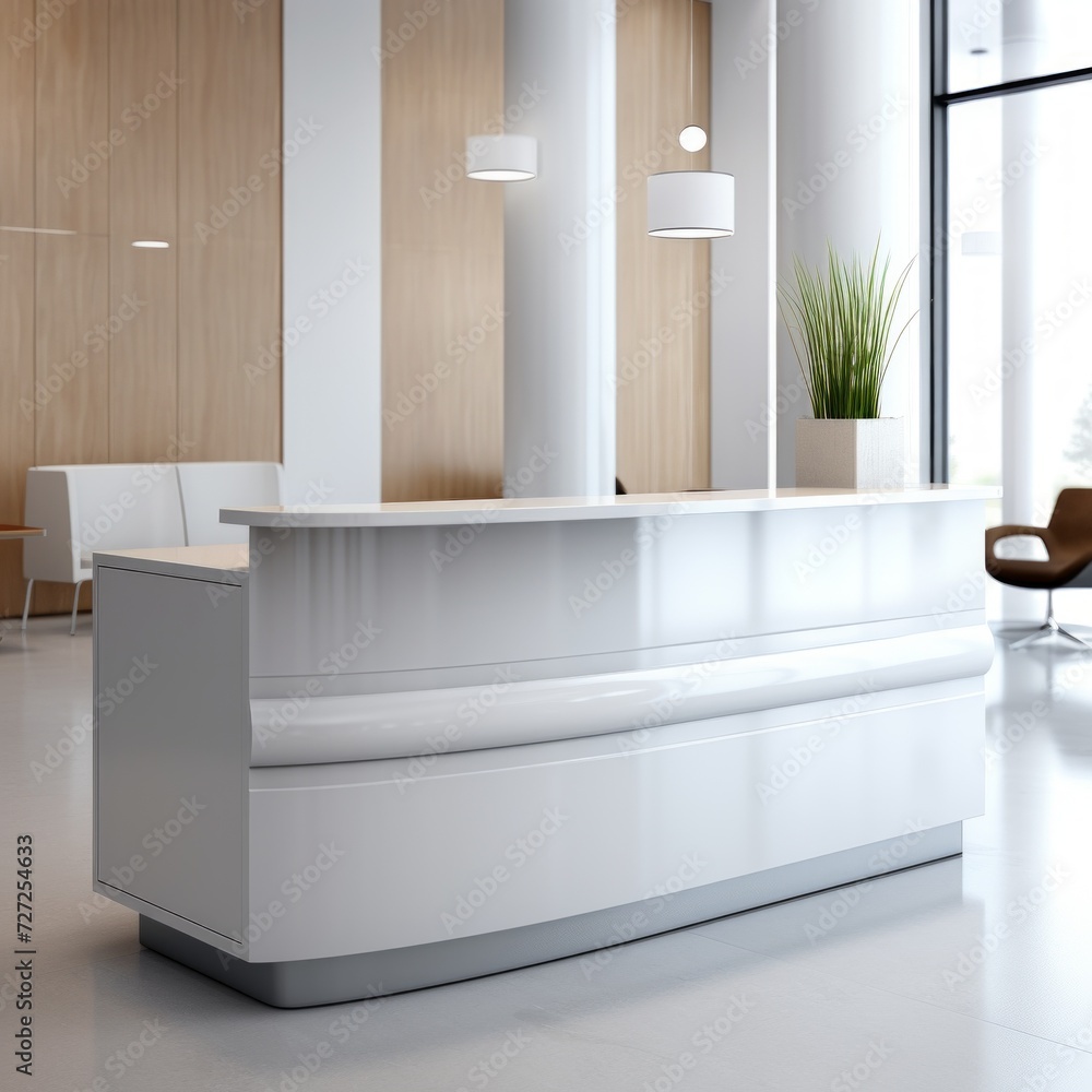 Poster stock image of a modern reception desk on a white background, sleek, welcoming front desk generative