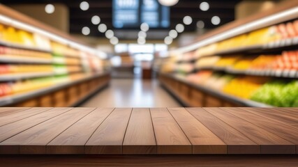 Empty wooden table top with blur grocery store background. Generated AI