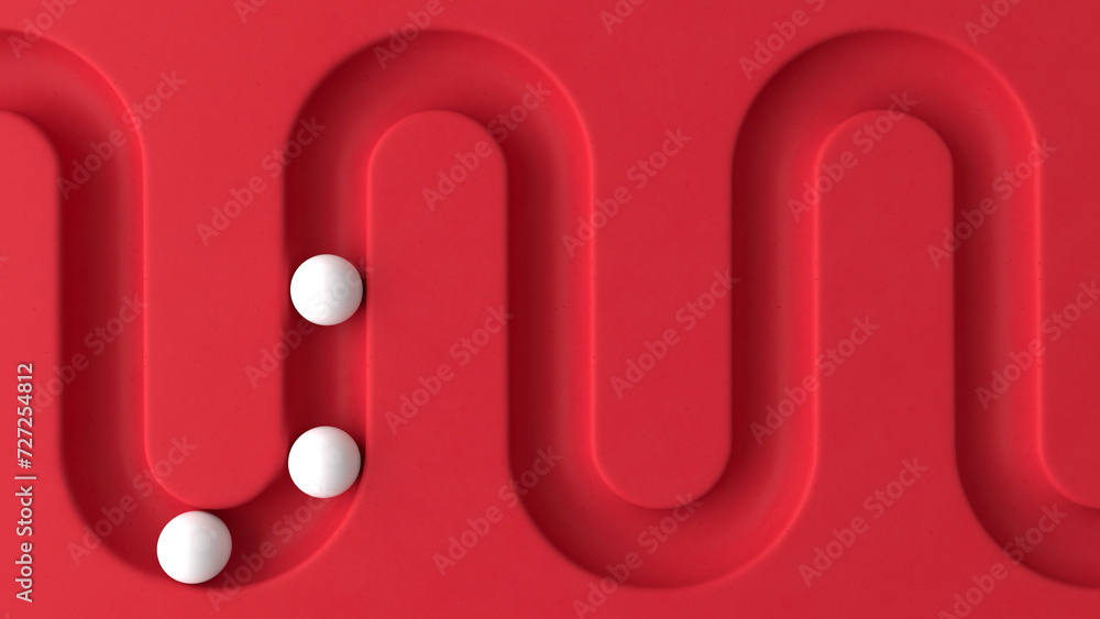 Poster white balls rolling in geometry deepening. smooth light, realistic dynamic. 3d rendering